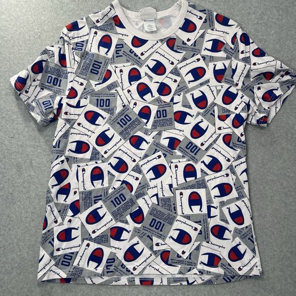 Champion Shirt Mens White Blue All Over Print AOP Short Sleeve Size XL spell out - Picture 1 of 9
